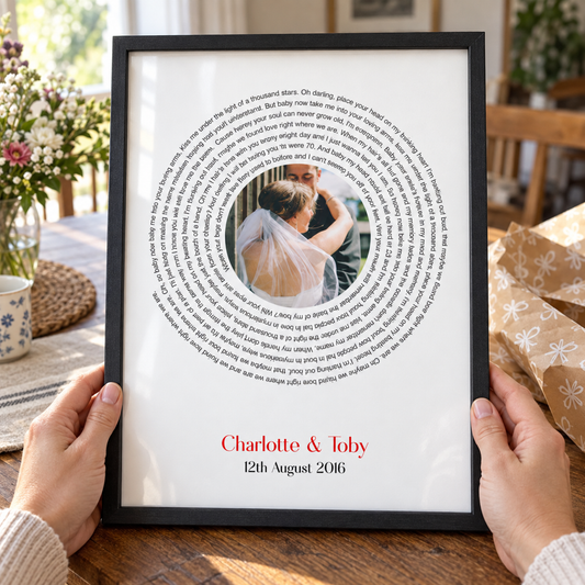 Personalised Wedding Or Couple Photo Song Lyrics First Dance Print — close lifestyle view