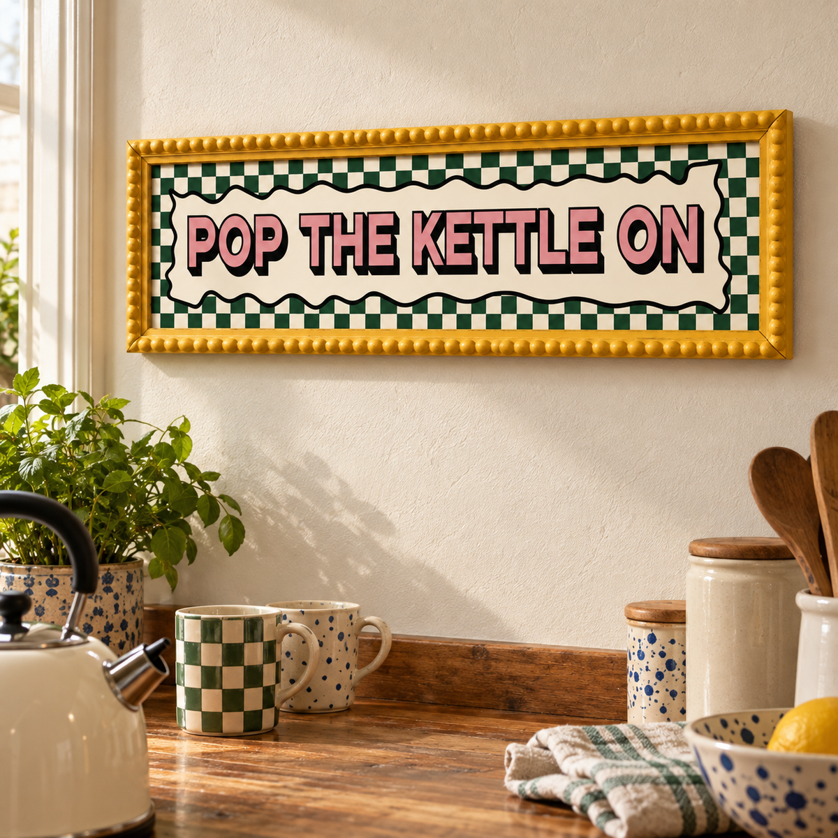 Pop The Kettle On Panoramic Print - lifestyle yellow 60x15