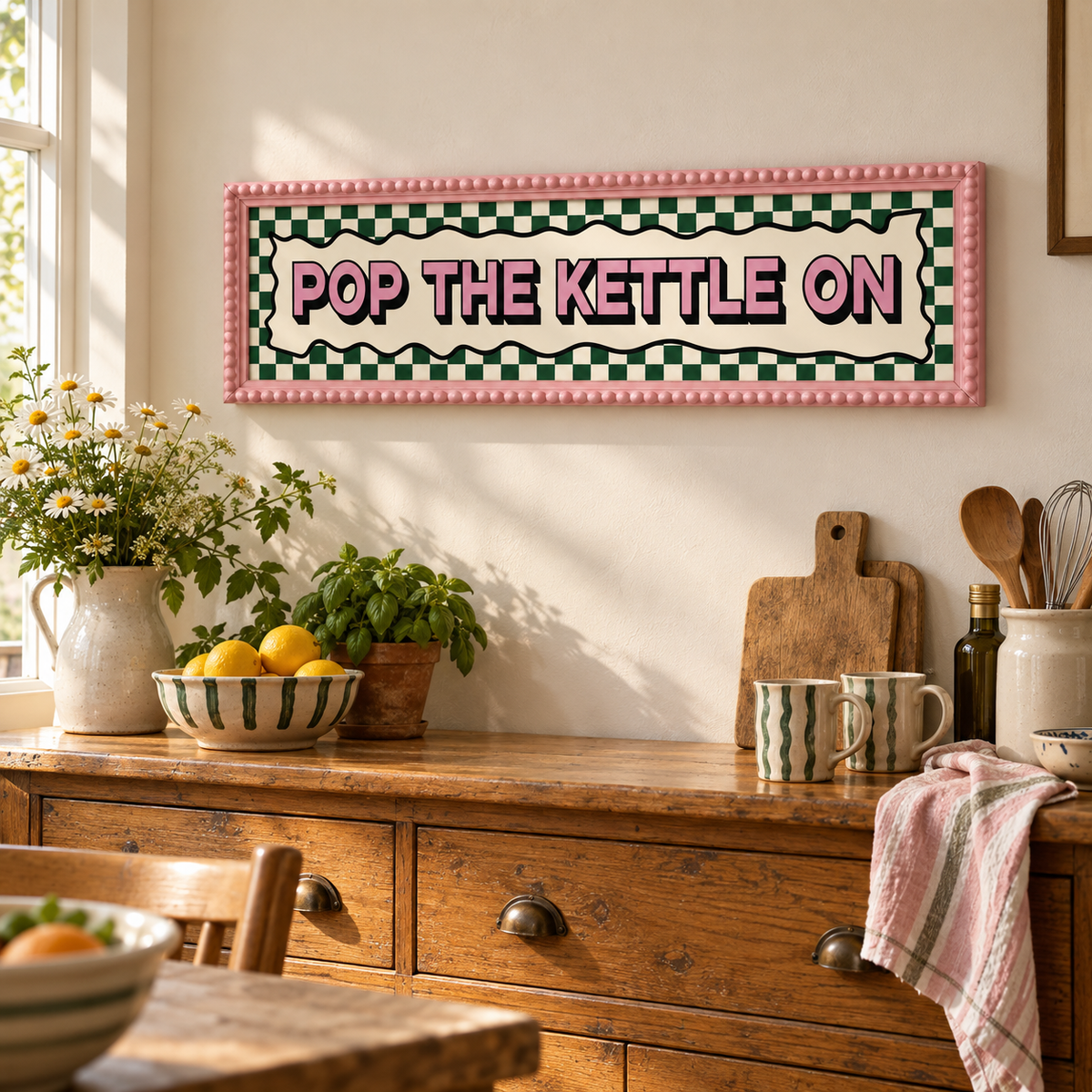 Pop The Kettle On Panoramic Print - lifestyle pink 100x25