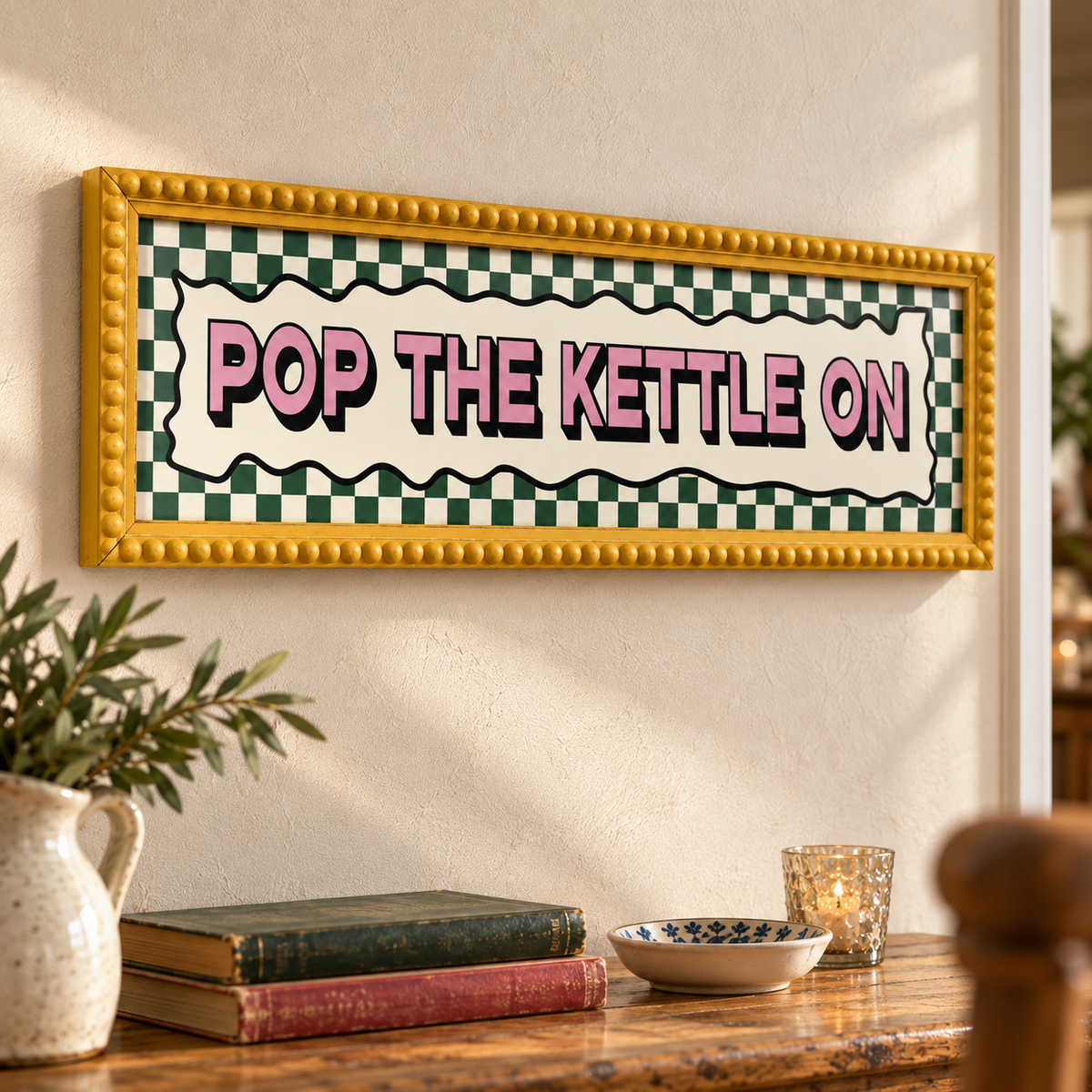 Pop The Kettle On Panoramic Print - angled yellow detail