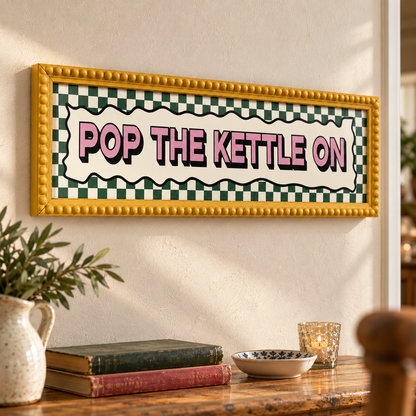 Pop The Kettle On Panoramic Print - angled yellow detail