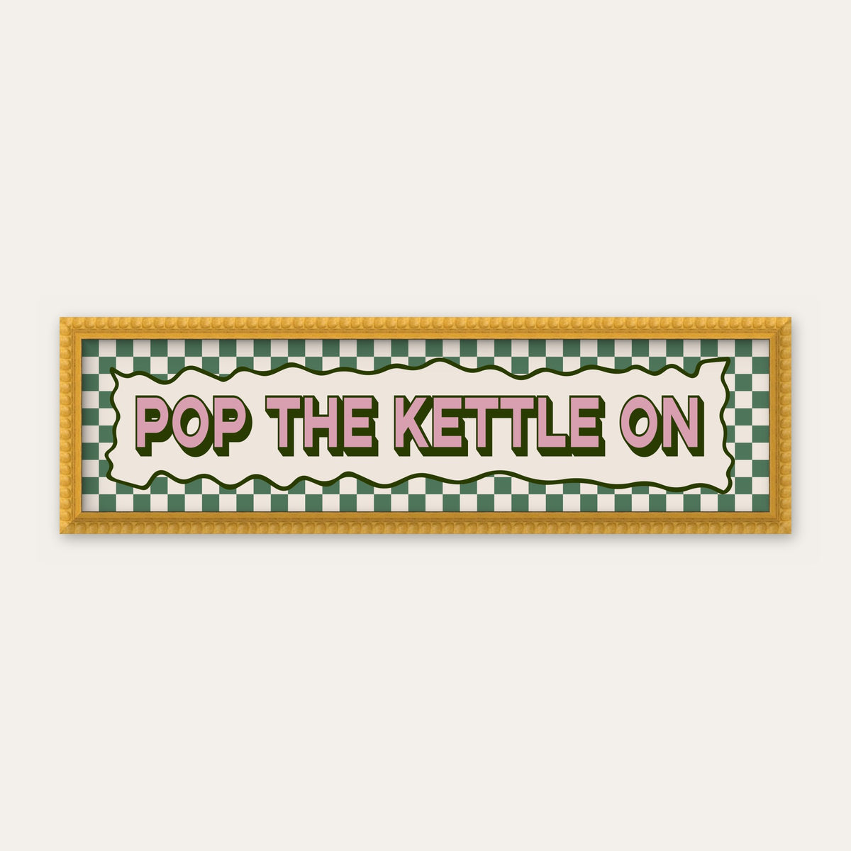 Pop The Kettle On panoramic print in a yellow bobbin frame