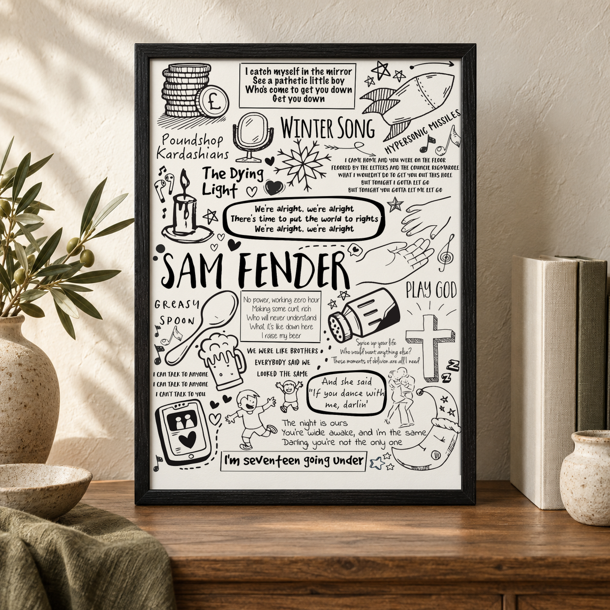 Sam Fender Lyric Album Print — close lifestyle view, black oak frame