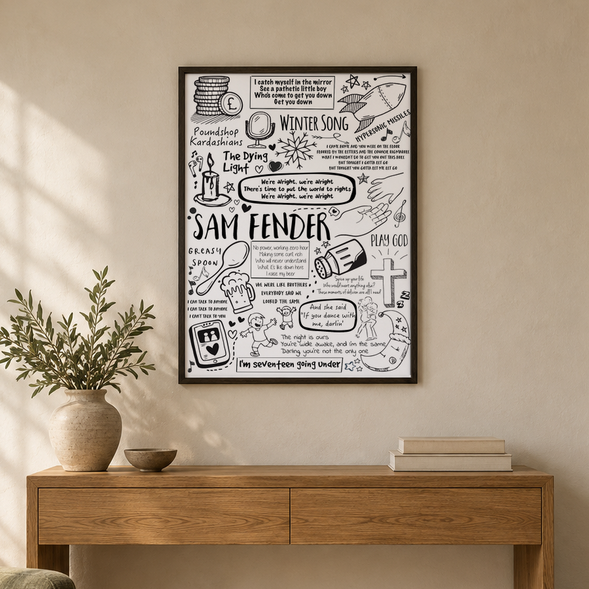 Sam Fender Lyric Album Print — wider room setting, black oak frame