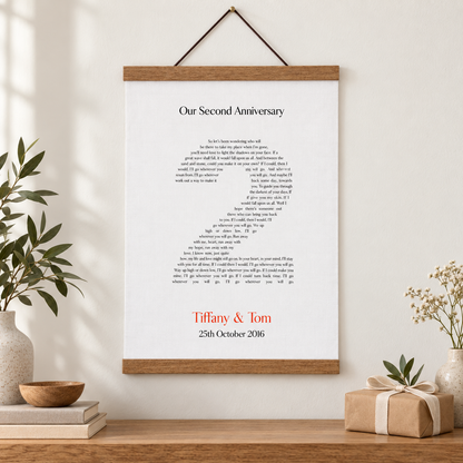 Personalised Second Anniversary Song Lyrics Cotton Canvas Print — close lifestyle view
