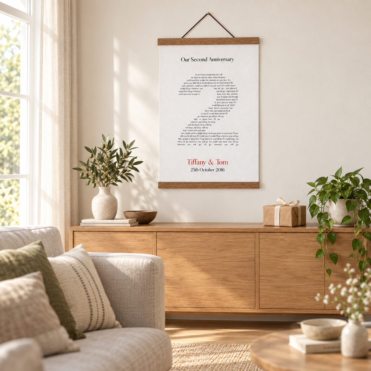 Personalised Second Anniversary Song Lyrics Cotton Canvas Print — wider lifestyle view