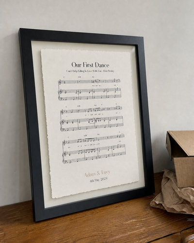 Personalised sheet music float mount print after unboxing