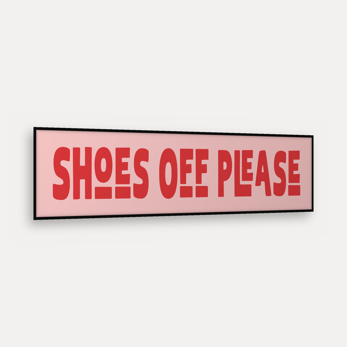 Shoes Off Please panoramic print in a matt black frame, angled view