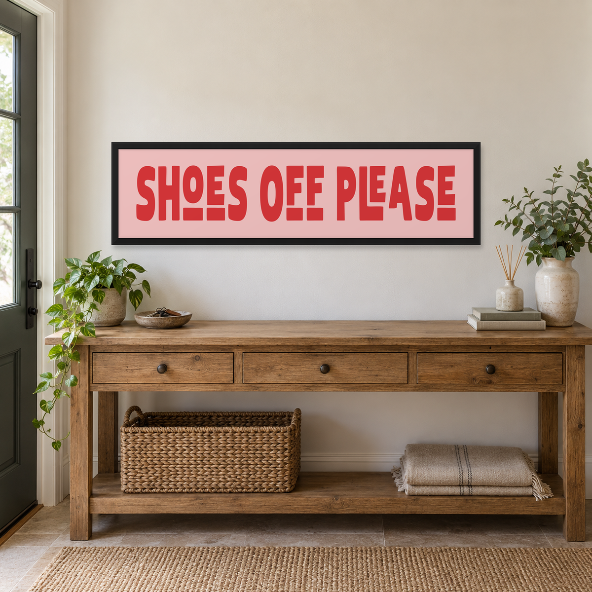 Shoes Off Please Panoramic Print — wider room setting, matt black wood