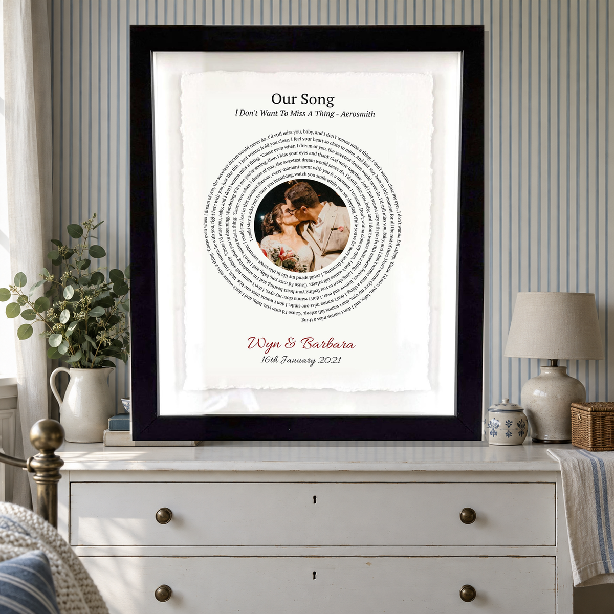 Personalised Song Lyrics Photo Print Float Mounted Frame — close lifestyle view