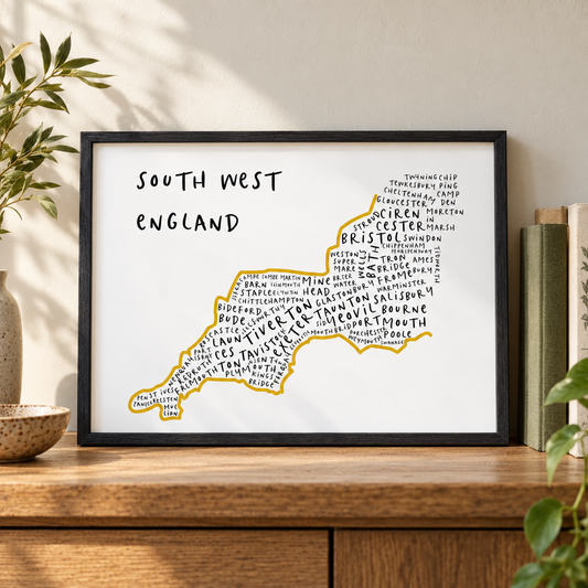 South West England Typography Map Print — close lifestyle view, black oak frame
