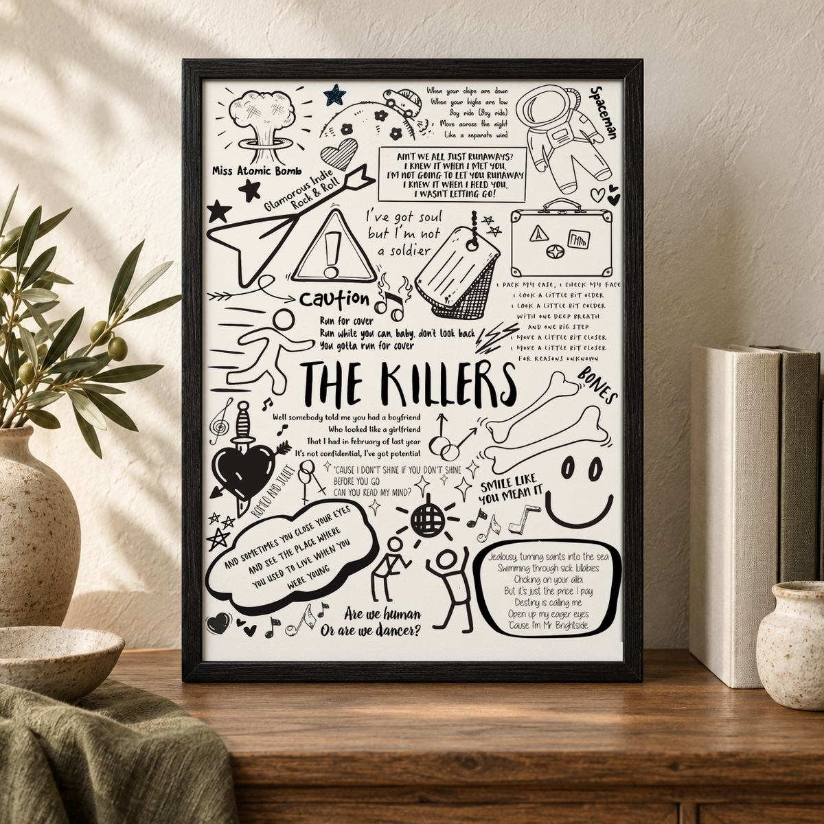 The Killers Lyric Album Print — close lifestyle view, black oak frame