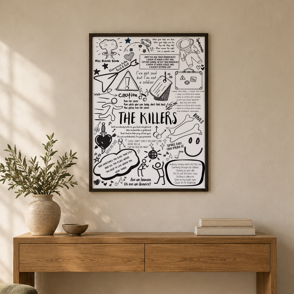 The Killers Lyric Album Print — wider room setting, black oak frame