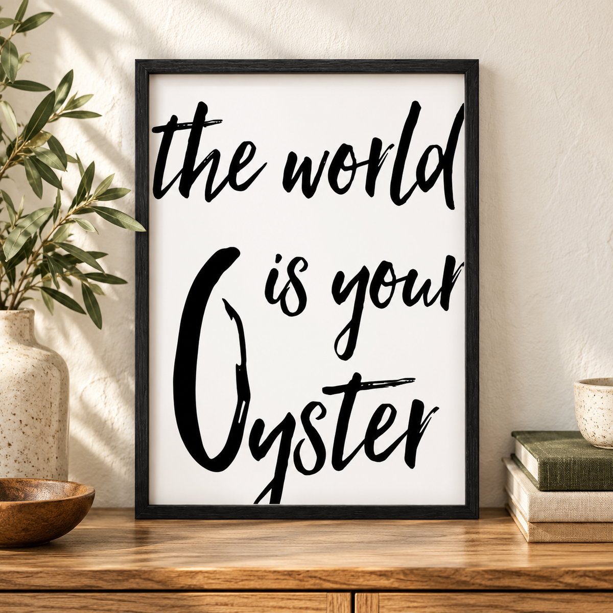 The World Is Your Oyster Print — close lifestyle view, black oak frame