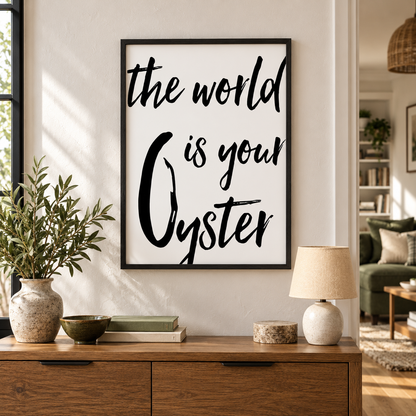 The World Is Your Oyster Print — wider room setting, black oak frame