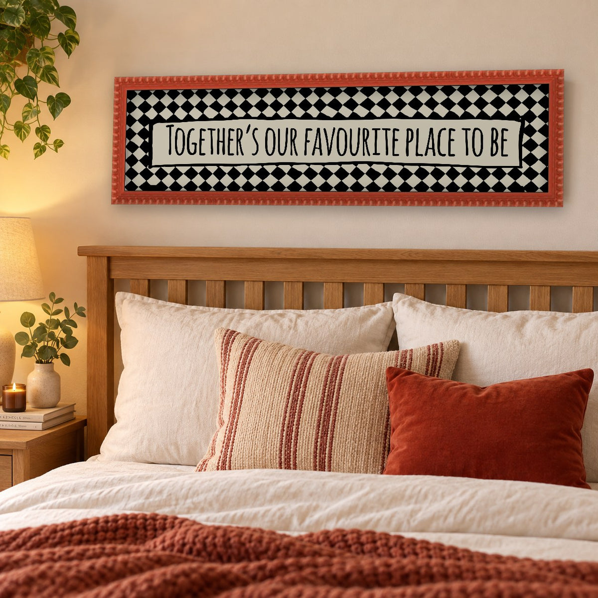 Together's Our Favourite Place To Be panoramic print in a red bobbin frame in a room setting