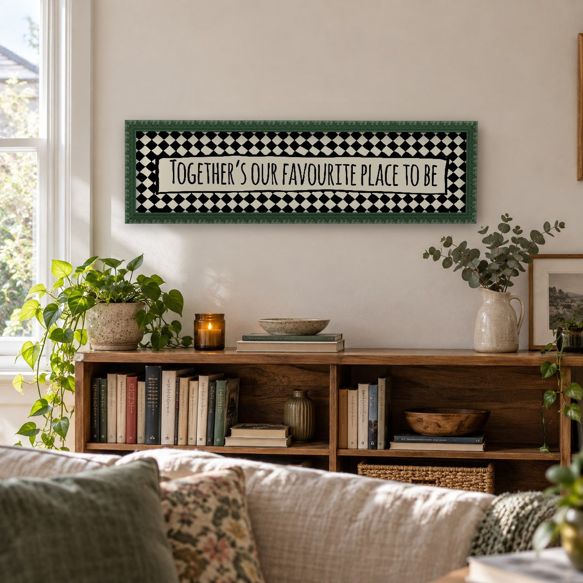 Together's Our Favourite Place To Be panoramic print in a forest green bobbin frame in a room setting