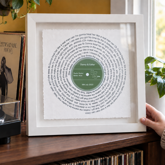 Personalised Song Lyrics Vinyl Record Float Mounted Frame — close lifestyle view