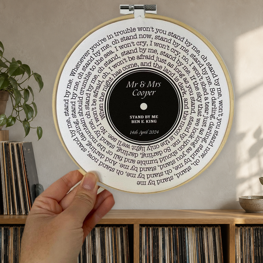 Vinyl Record Art Print | Personalised Favourite Song Lyrics | Cotton Canvas Circular Frame — close lifestyle view