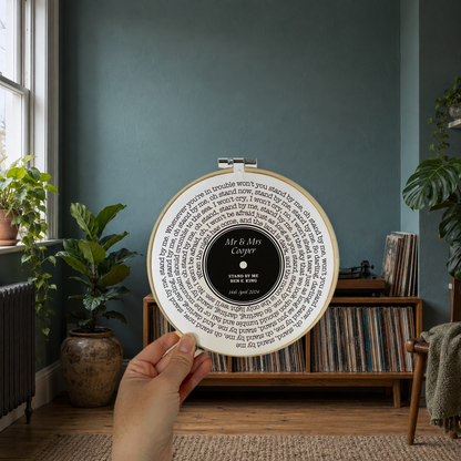 Vinyl Record Art Print | Personalised Favourite Song Lyrics | Cotton Canvas Circular Frame — wider lifestyle view