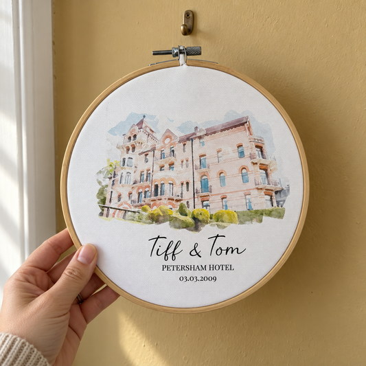 Personalised Watercolour Wedding Venue Painting | Cotton Canvas Embroidery Hoop — close lifestyle view