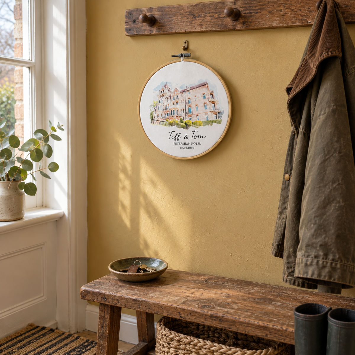Personalised Watercolour Wedding Venue Painting | Cotton Canvas Embroidery Hoop — wider lifestyle view
