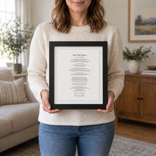 Personalised Wedding Song Lyrics Print Float Mounted Frame — held 10 x 12 inch lifestyle close view