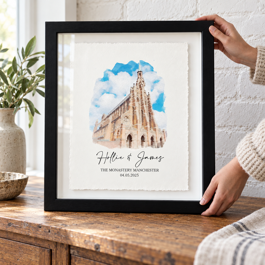 Personalised Wedding Venue Watercolour Print Float Mounted Frame — close lifestyle view