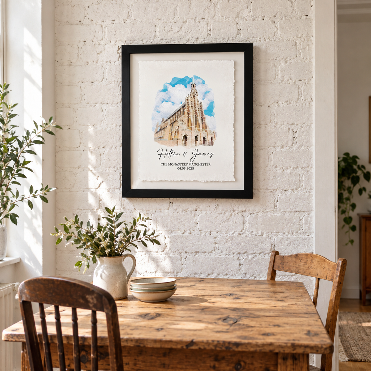 Personalised Wedding Venue Watercolour Print Float Mounted Frame — wider lifestyle view