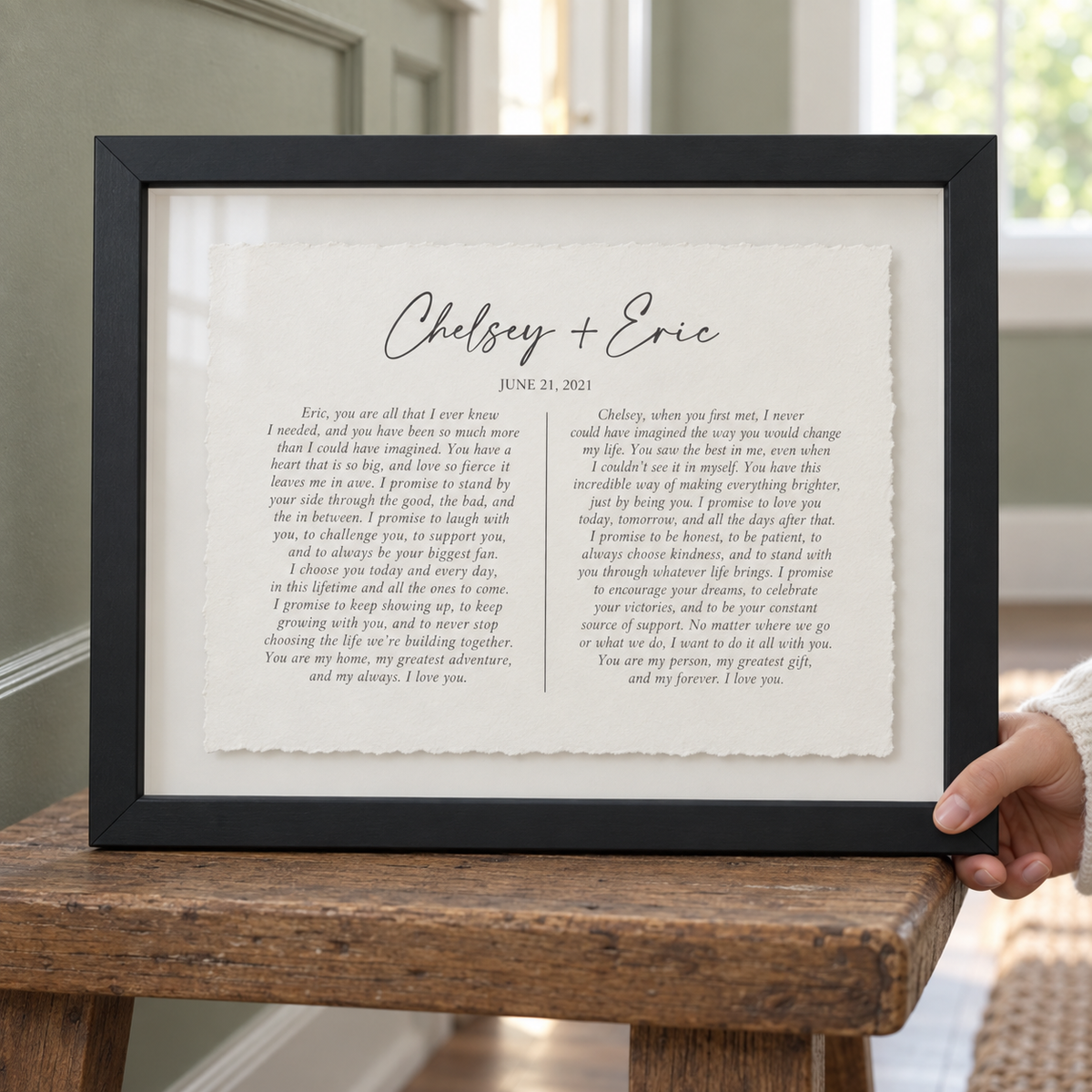 Personalised Wedding Vows Print Float Mounted Frame — close lifestyle view