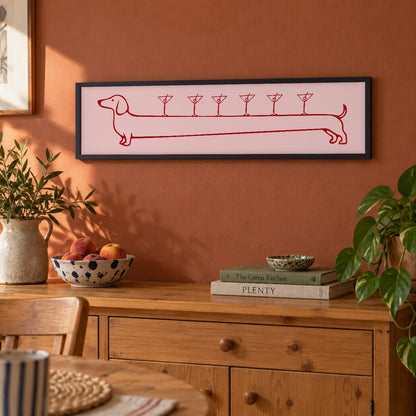 Weenies & Martinis panoramic print in a black frame in a room setting
