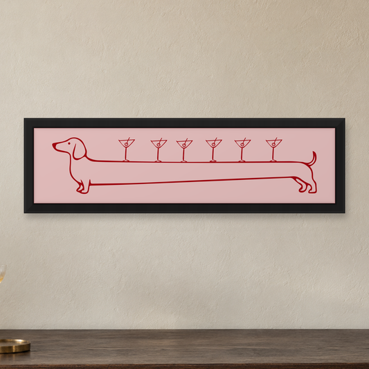 Weenies & Martinis Panoramic Print — close lifestyle view, matt black wood