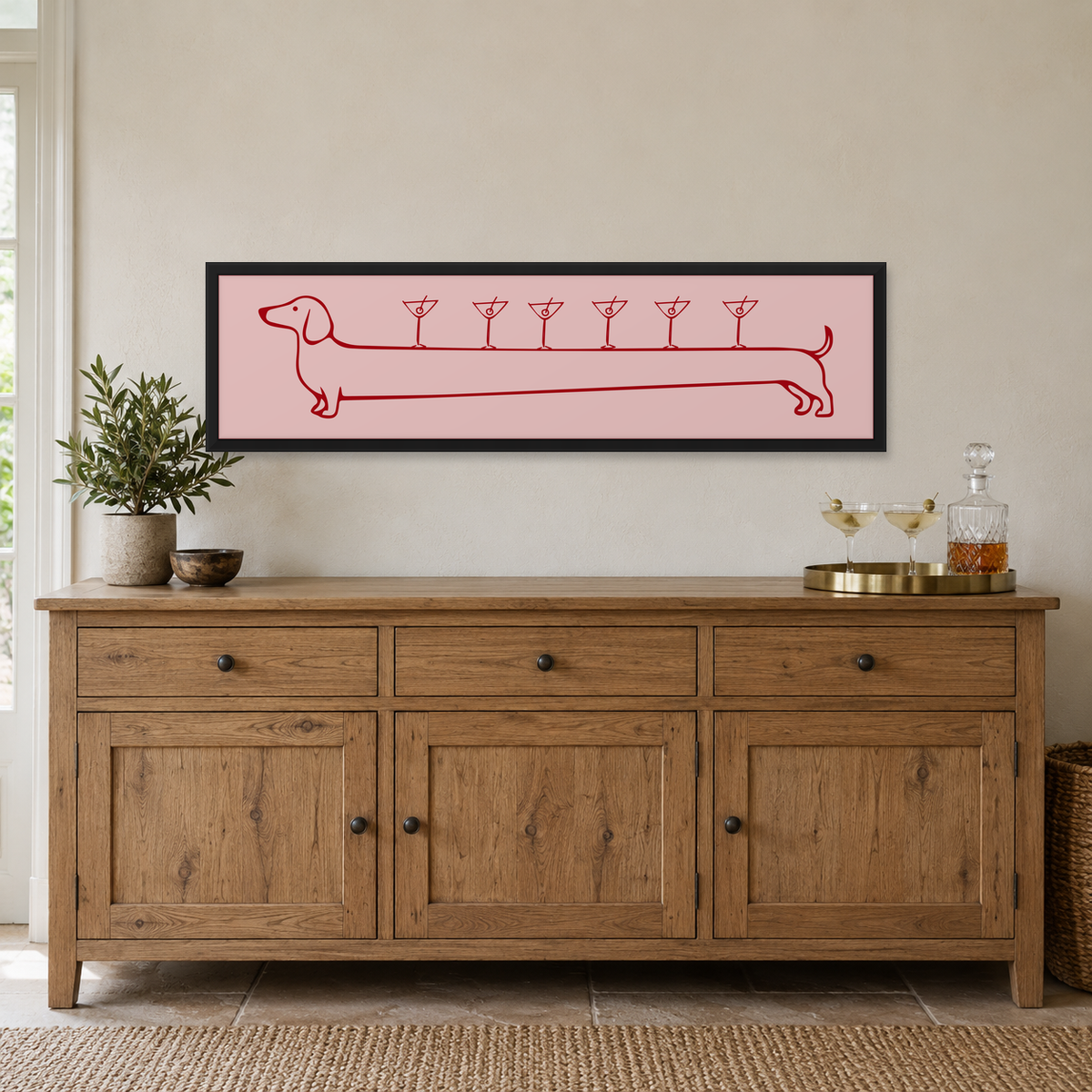 Weenies & Martinis Panoramic Print — wider room setting, matt black wood