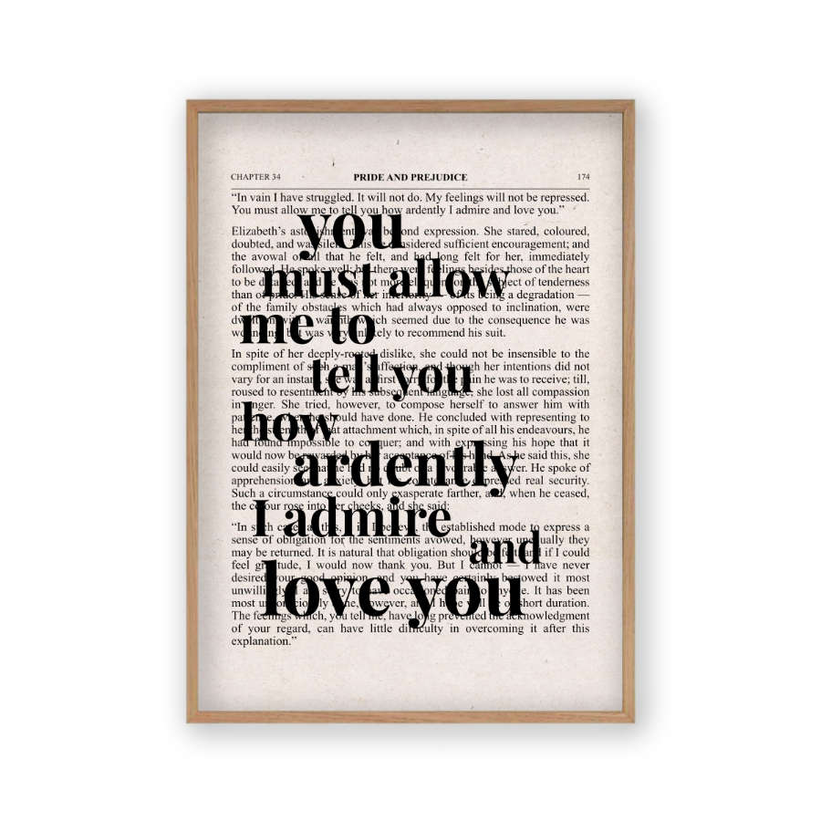 Pride And Prejudice How Ardently I Admire And Love You Quote Book Print