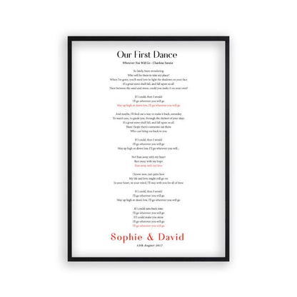 Personalised First Dance Song Wedding Lyrics Print - Blim & Blum