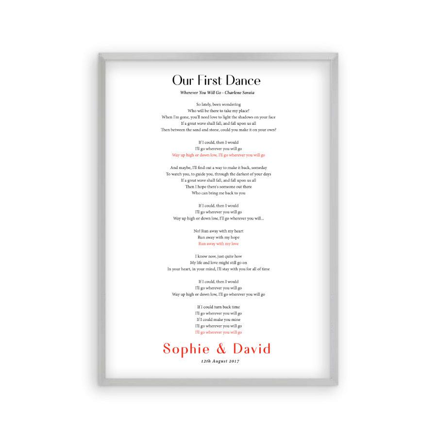 Personalised First Dance Song Wedding Lyrics Print - Blim & Blum