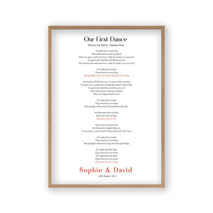 Personalised First Dance Song Wedding Lyrics Print - Blim & Blum