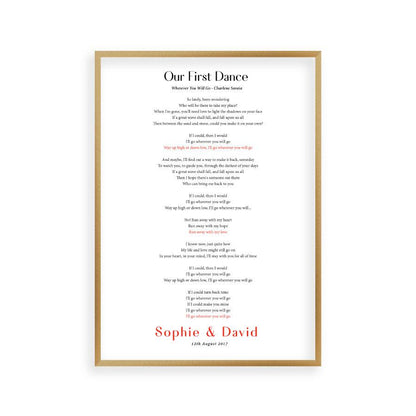 Personalised First Dance Song Wedding Lyrics Print - Blim & Blum