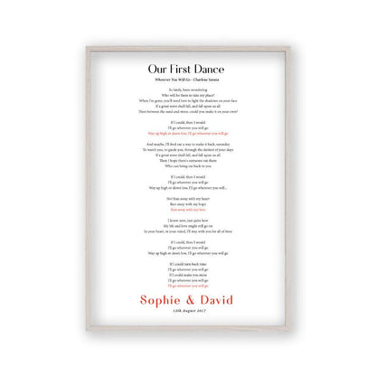 Personalised First Dance Song Wedding Lyrics Print - Blim & Blum