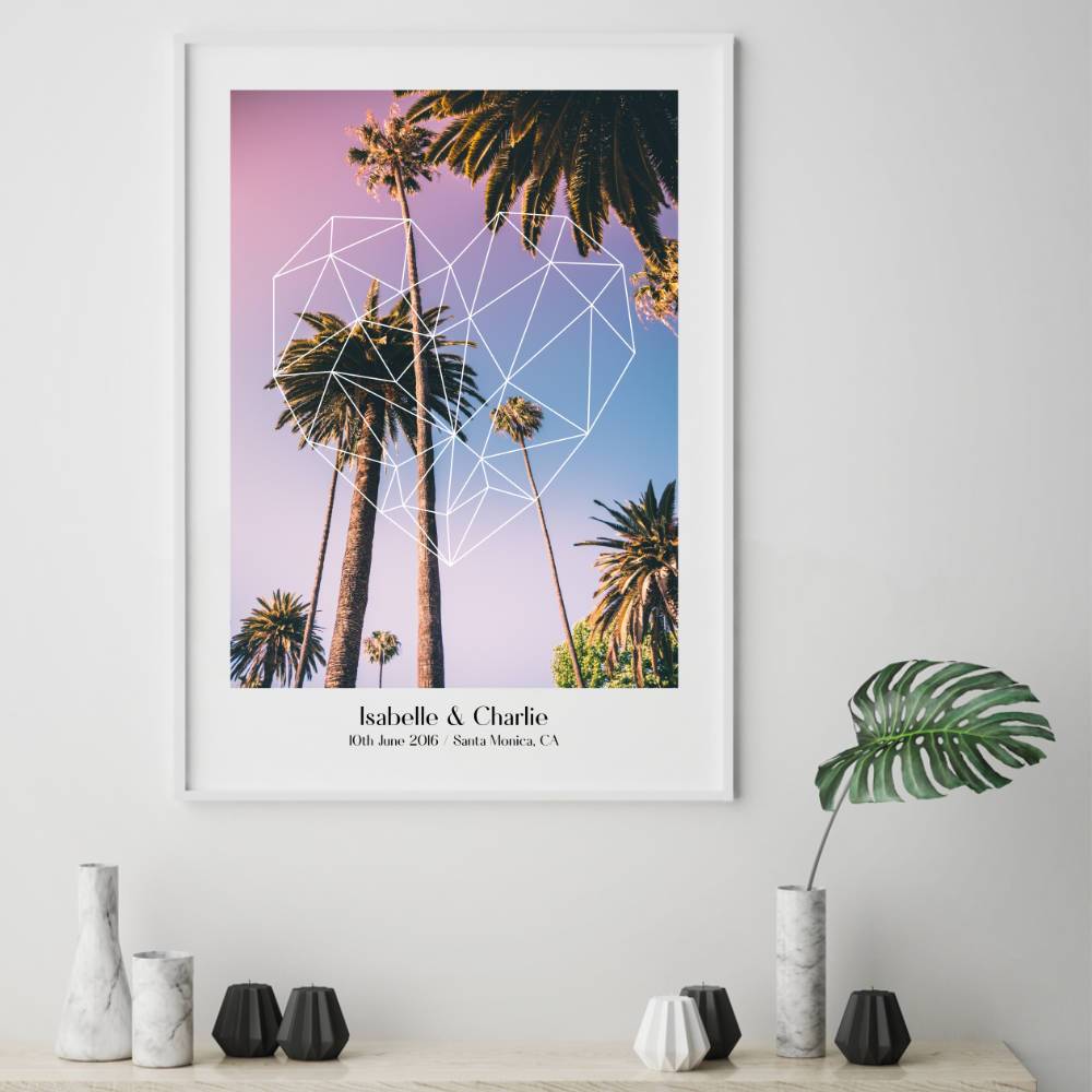 Personalised Geometric Heart Palm Trees Couple Location Print - Blim & Blum