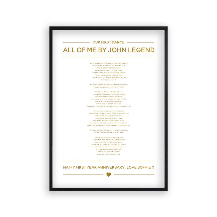 Personalised Gold Foil Wedding Song Lyrics Print - Blim & Blum