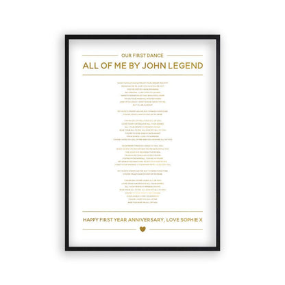 Personalised Gold Foil Wedding Song Lyrics Print - Blim & Blum