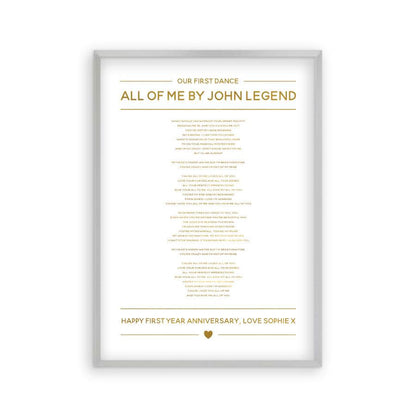 Personalised Gold Foil Wedding Song Lyrics Print - Blim & Blum