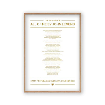 Personalised Gold Foil Wedding Song Lyrics Print - Blim & Blum