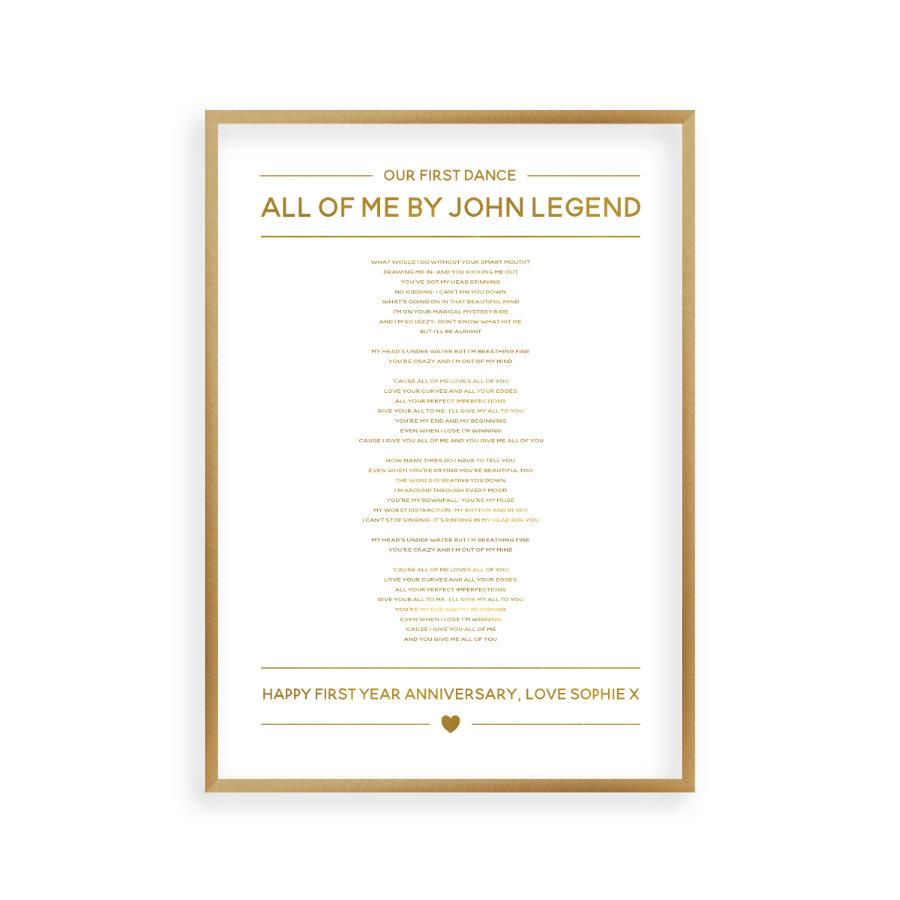 Personalised Gold Foil Wedding Song Lyrics Print - Blim & Blum