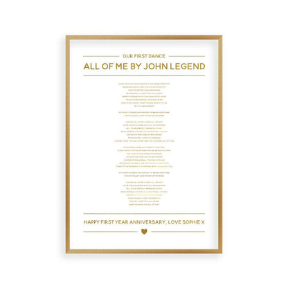 Personalised Gold Foil Wedding Song Lyrics Print - Blim & Blum