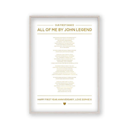 Personalised Gold Foil Wedding Song Lyrics Print - Blim & Blum