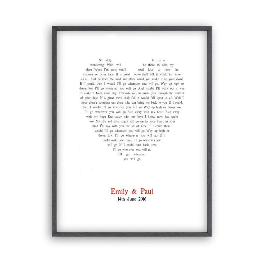 Personalised Wedding First Dance Song Lyrics Heart Print - Blim & Blum