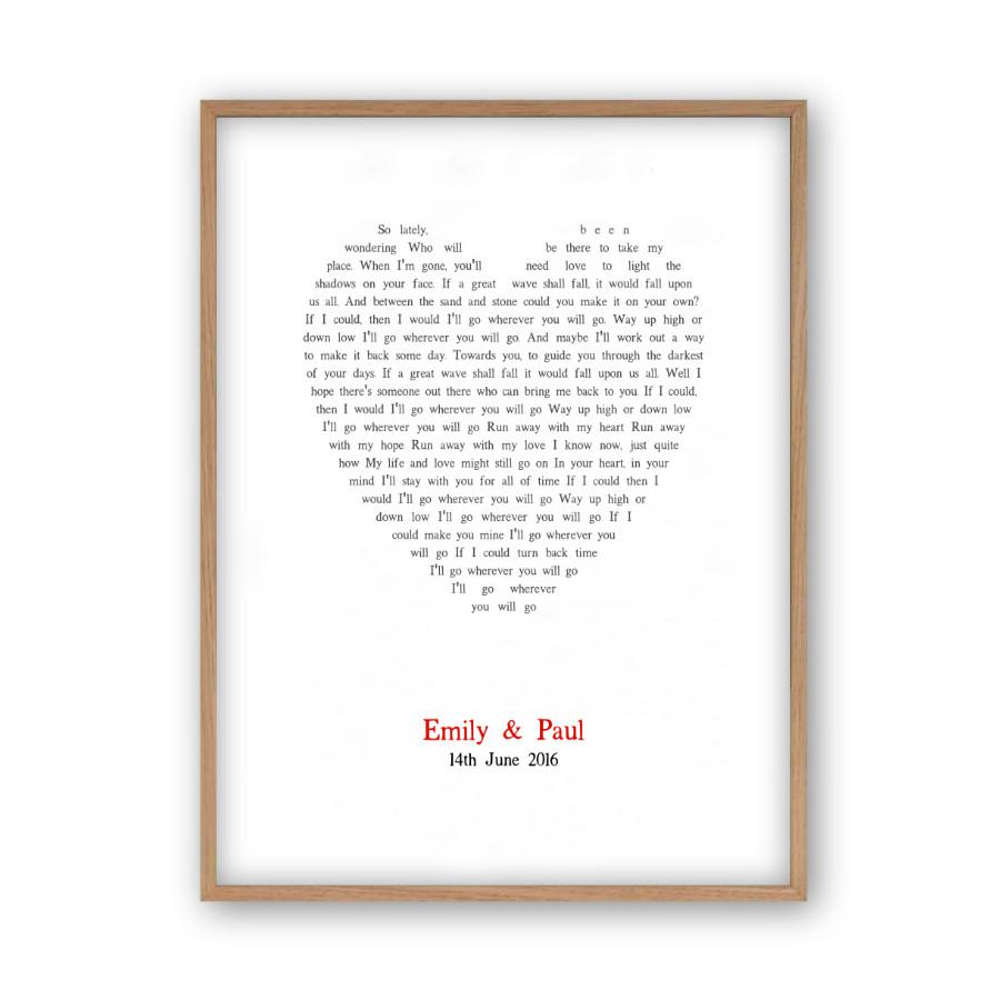 Personalised Wedding First Dance Song Lyrics Heart Print - Blim & Blum